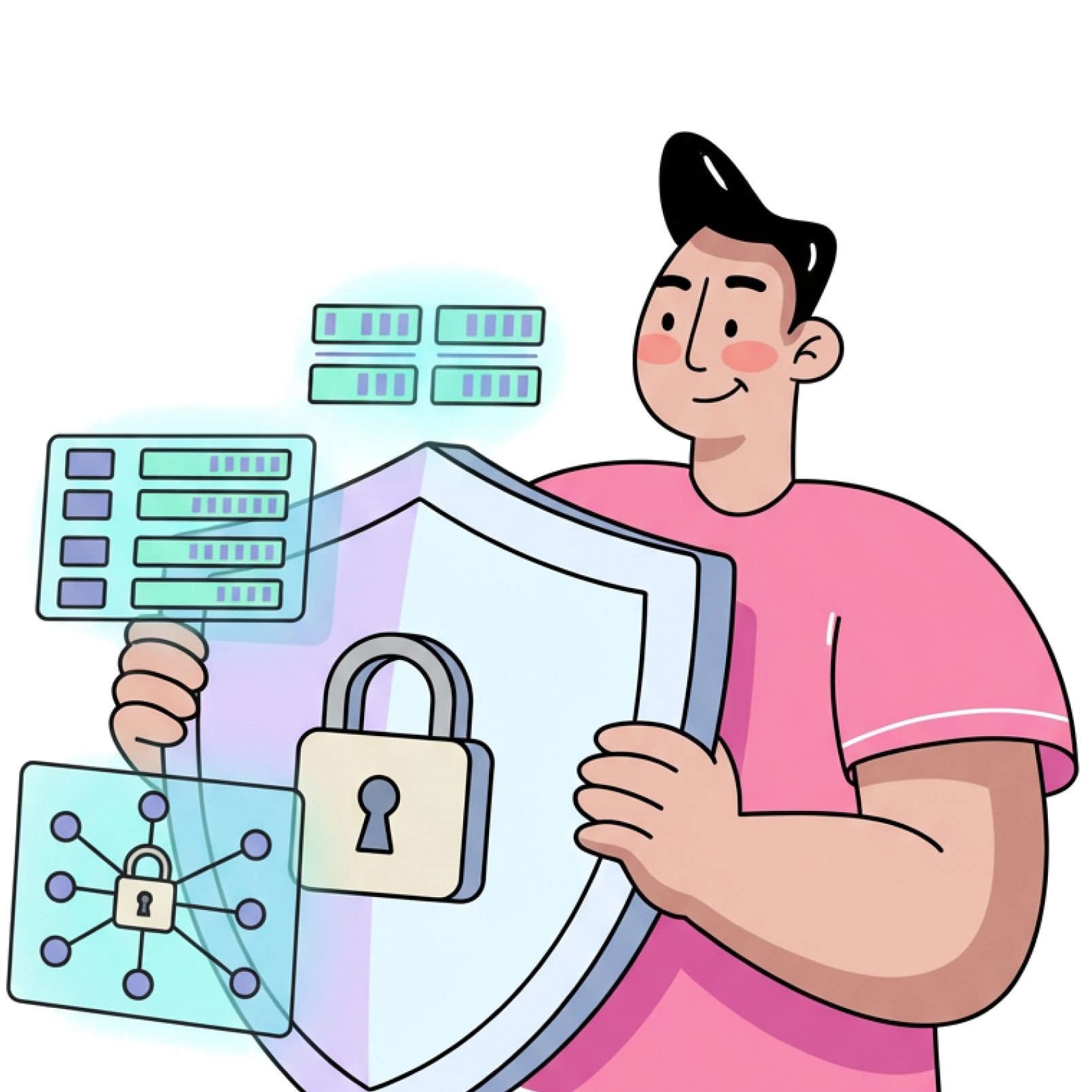 Illustration: encryption, shield, and protected personal data